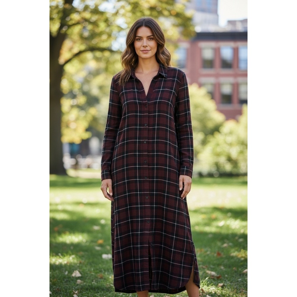 Cloth & Stone Anthropologie Plaid Button Down Maxi Shirt Dress Preppy SZ M